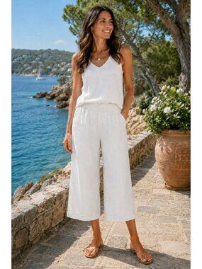 Bohabille Capri Wide Leg 100% Linen Pants Womens White